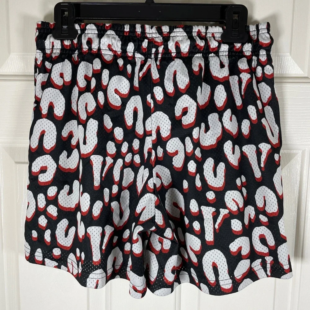 VLONE Mens Leopard Print Mesh Basketball Shorts Black Red White Size Medium